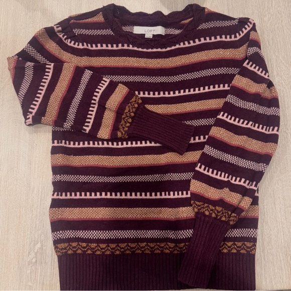 LOFT Scalloped Striped Metallic Maroon Sweater size XS - Picture 6 of 10